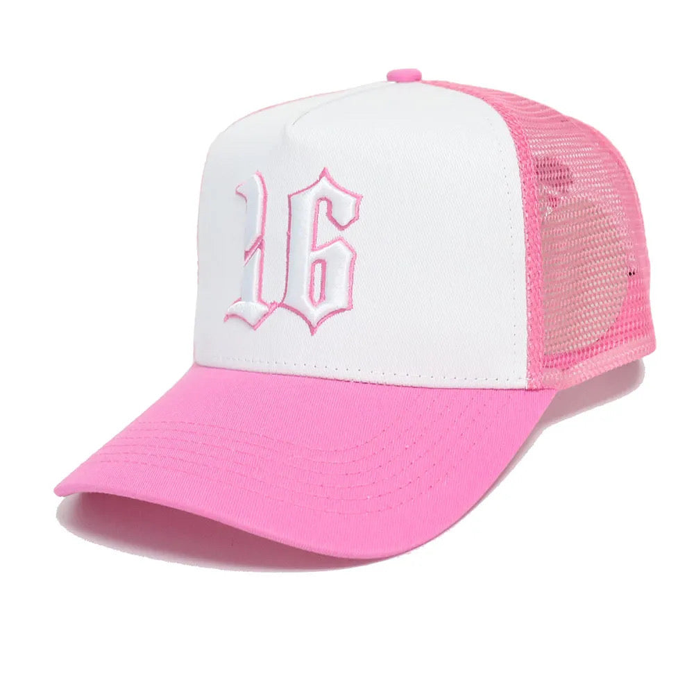 Custom Quality Embroidered 5 Panel Trucker Hat - Pink
