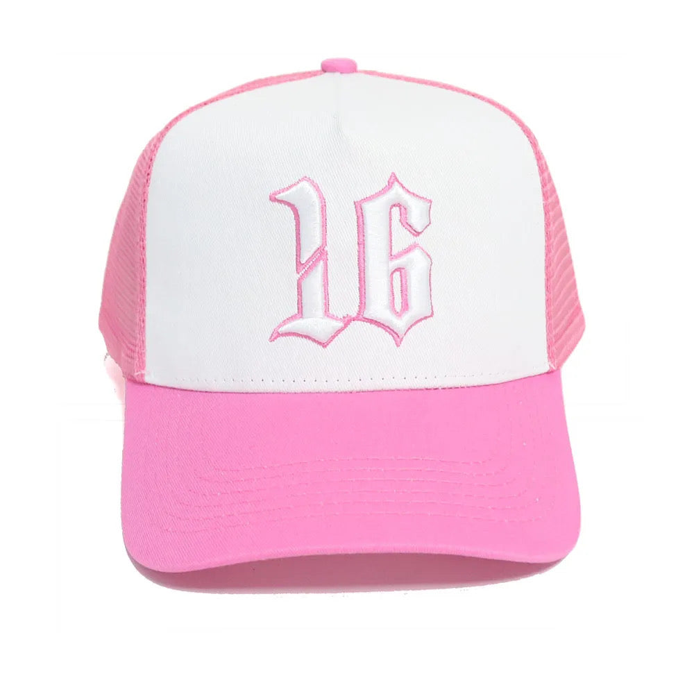 Custom Quality Embroidered 5 Panel Trucker Hat - Pink