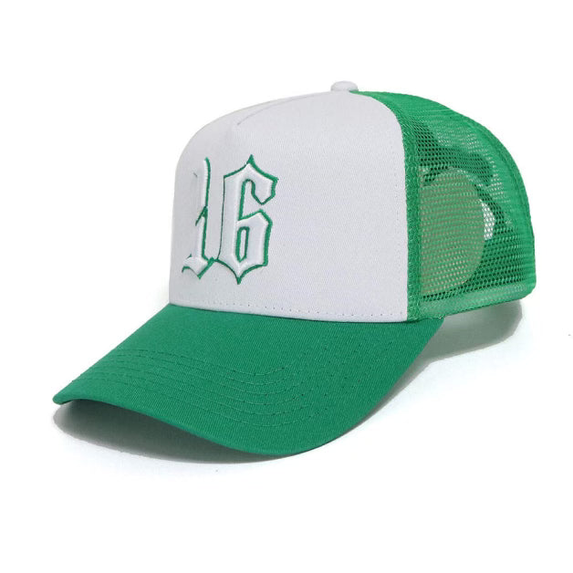 Custom Quality Embroidered 5 Panel Trucker Hat - Green/White
