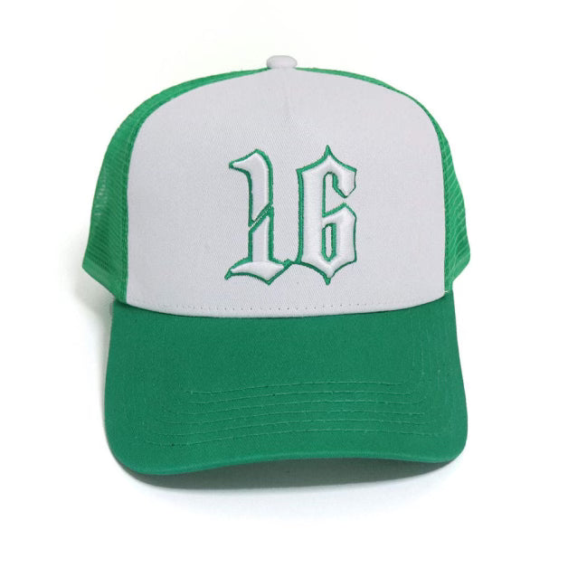 Custom Quality Embroidered 5 Panel Trucker Hat - Green/White