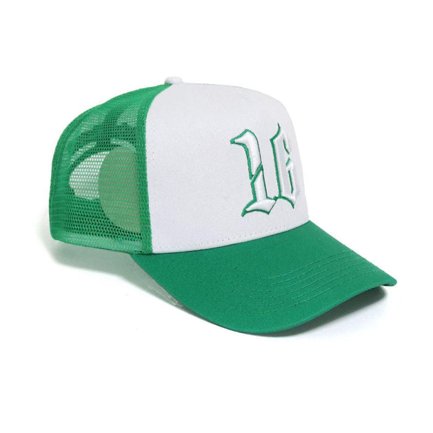 Custom Quality Embroidered 5 Panel Trucker Hat - Green/White