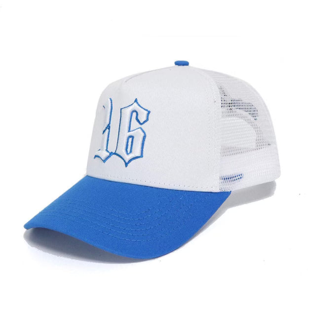 Custom Quality Embroidered 5 Panel Trucker Hat - Cobalt Blue/White