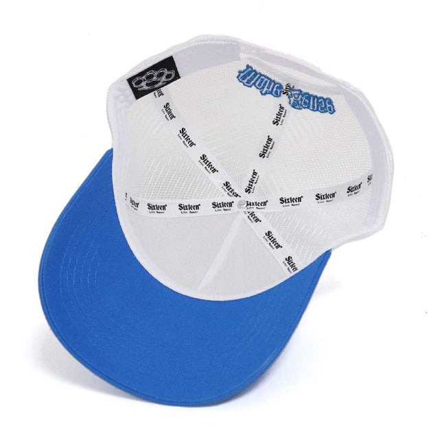 Custom Quality Embroidered 5 Panel Trucker Hat - Cobalt Blue/White