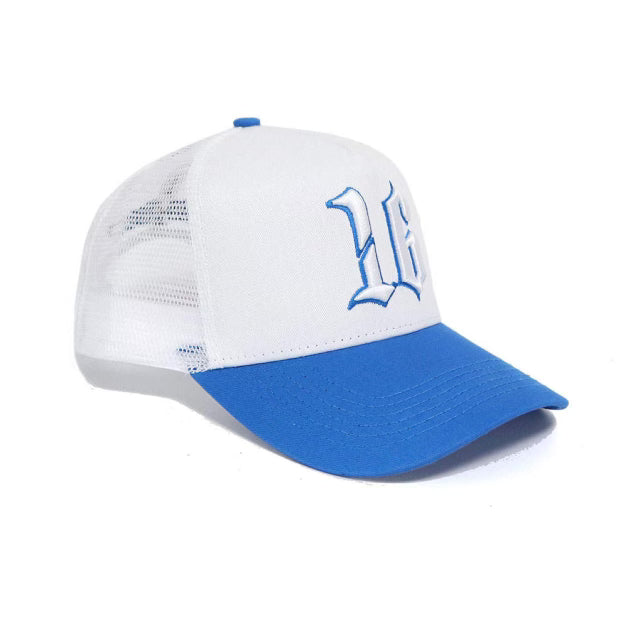 Custom Quality Embroidered 5 Panel Trucker Hat - Cobalt Blue/White
