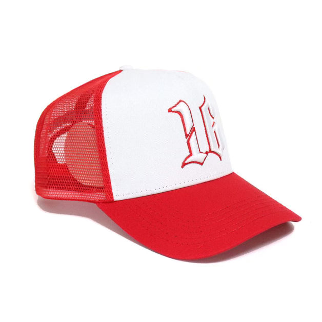 Custom Quality Embroidered 5 Panel Trucker Hat - Red/White