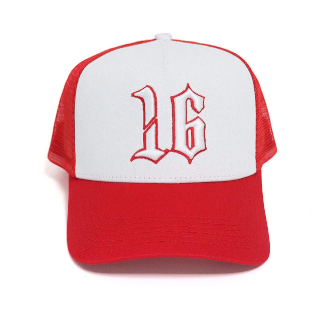 Custom Quality Embroidered 5 Panel Trucker Hat - Red/White