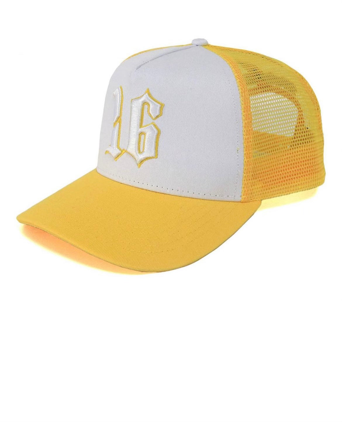 Custom Quality Embroidered 5 Panel Trucker Hat - Yellow/White