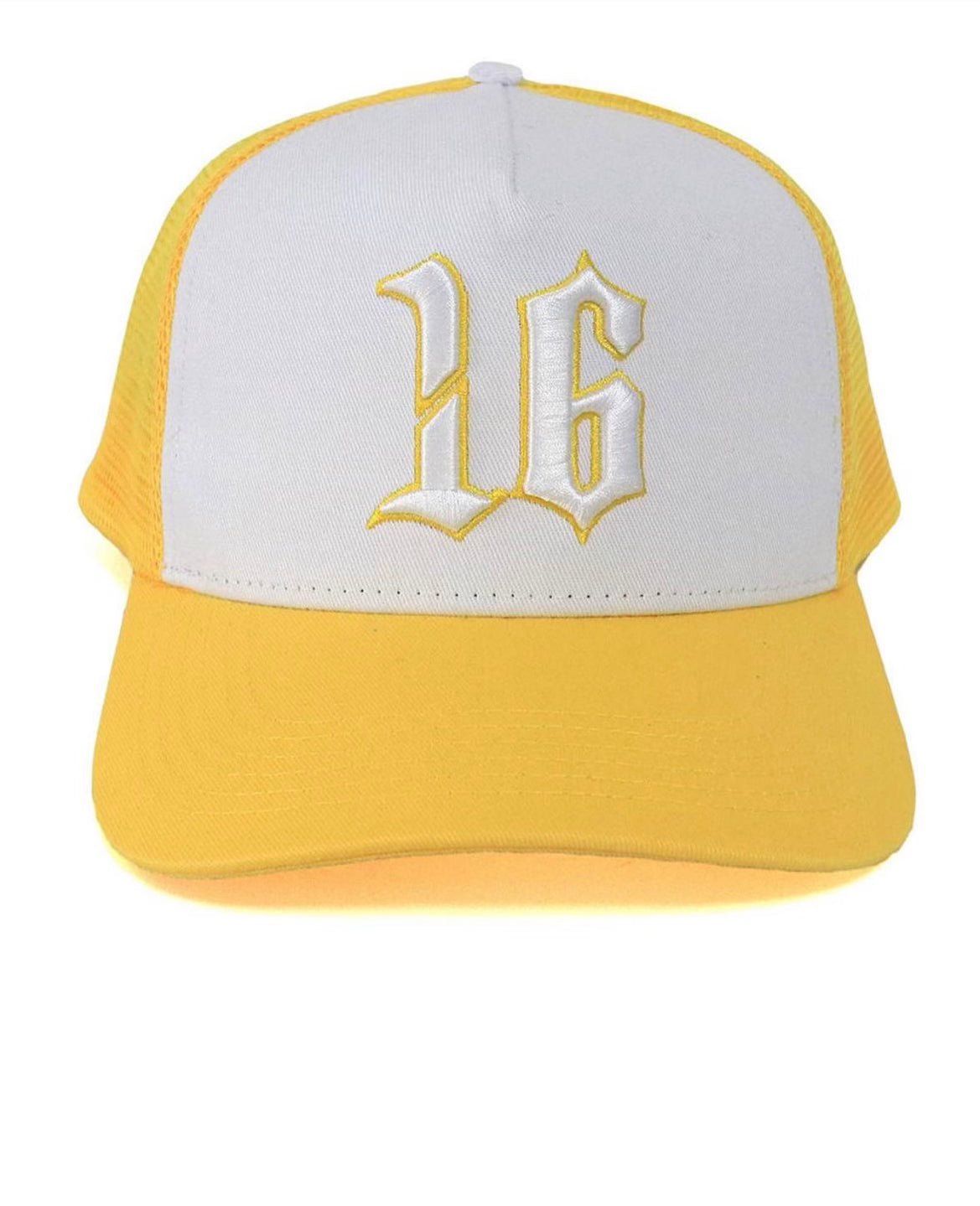 Custom Quality Embroidered 5 Panel Trucker Hat - Yellow/White