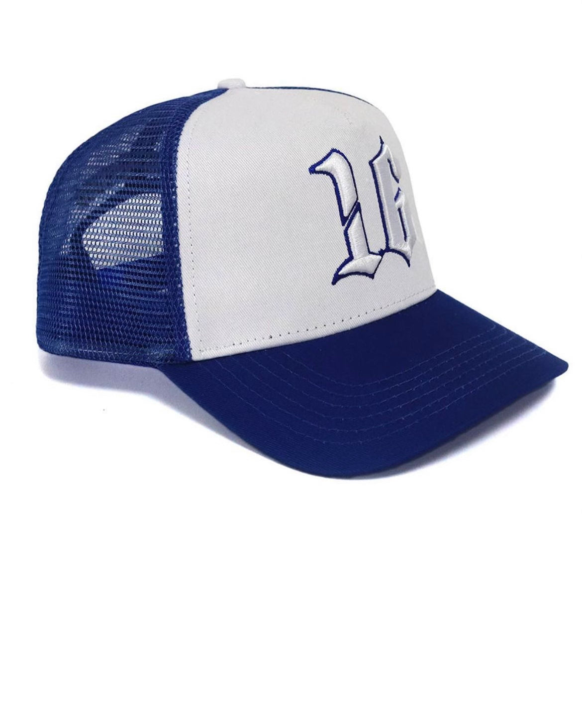 Custom Quality Embroidered 5 Panel Trucker Hat - Royal Blue/White