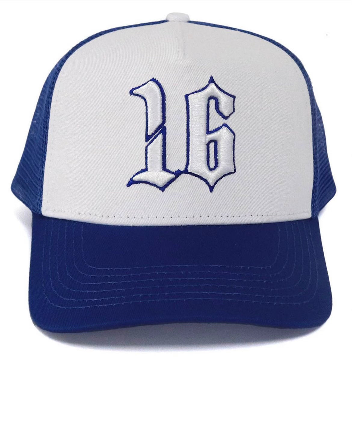 Custom Quality Embroidered 5 Panel Trucker Hat - Royal Blue/White